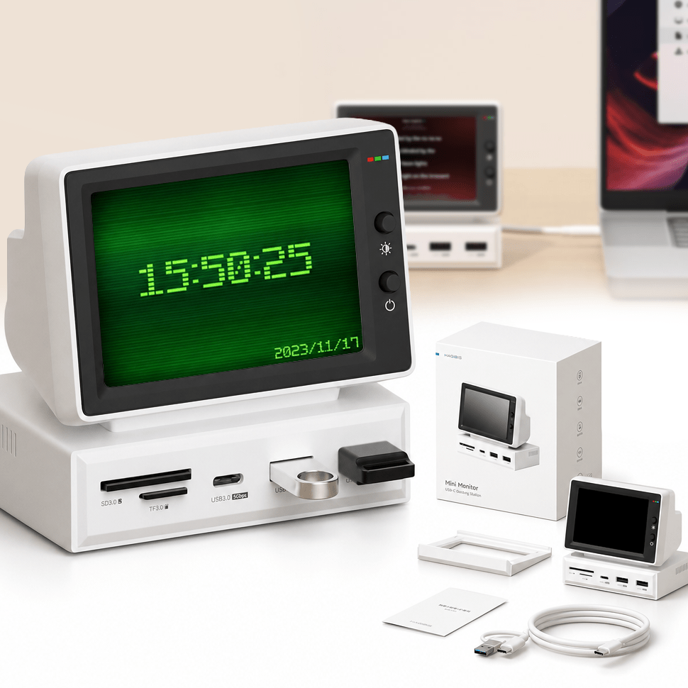 Hagibis 3.5" IPS Mini Screen USB-C Docking Station – Secondary PC Sub-Monitor for CPU RAM HDD Stats, Clock & Weather, with USB Hub and SD Card Reader, for Laptop & MacBook