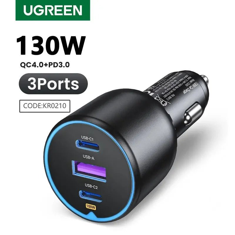 UGREEN 130W USB-C Car Charger CD293 – 3-Port Fast Charging Adapter with 100W USB-C PD, for iPhone, MacBook, Samsung Galaxy, Xiaomi, Laptops & Tablets