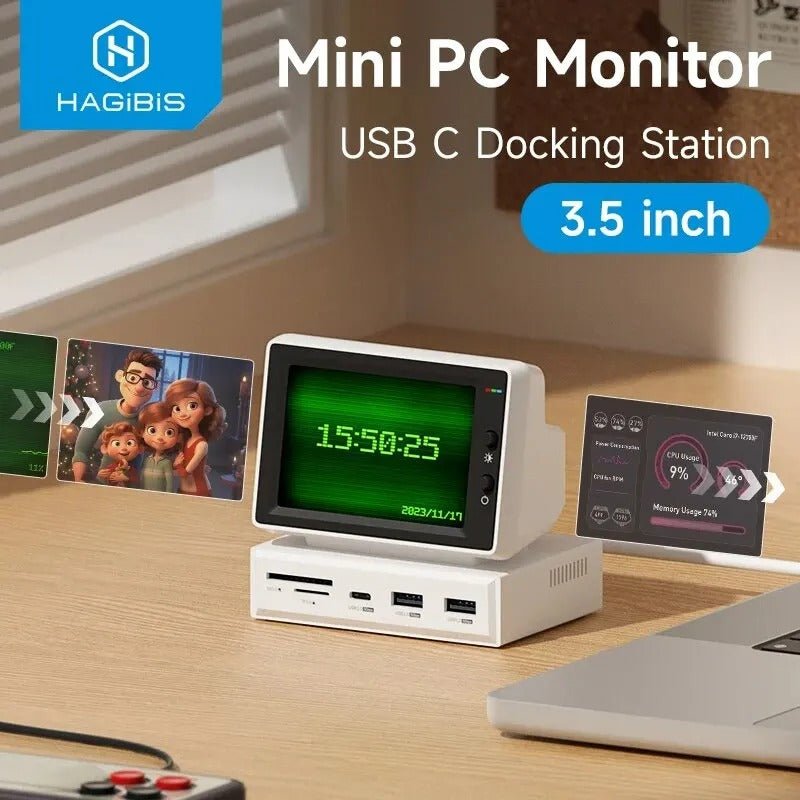 Hagibis 3.5" IPS Mini Screen USB-C Docking Station – Secondary PC Sub-Monitor for CPU RAM HDD Stats, Clock & Weather, with USB Hub and SD Card Reader, for Laptop & MacBook