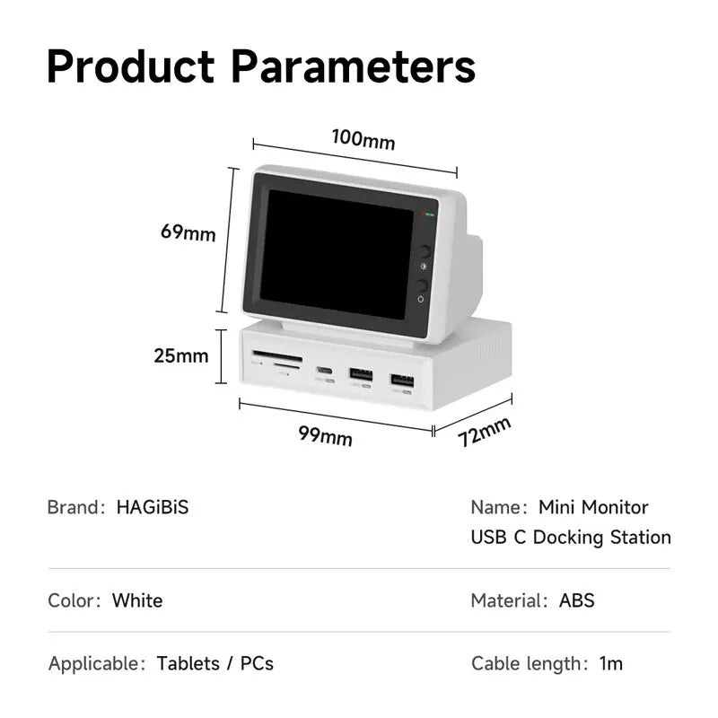 Hagibis 3.5" IPS Mini Screen USB-C Docking Station – Secondary PC Sub-Monitor for CPU RAM HDD Stats, Clock & Weather, with USB Hub and SD Card Reader, for Laptop & MacBook