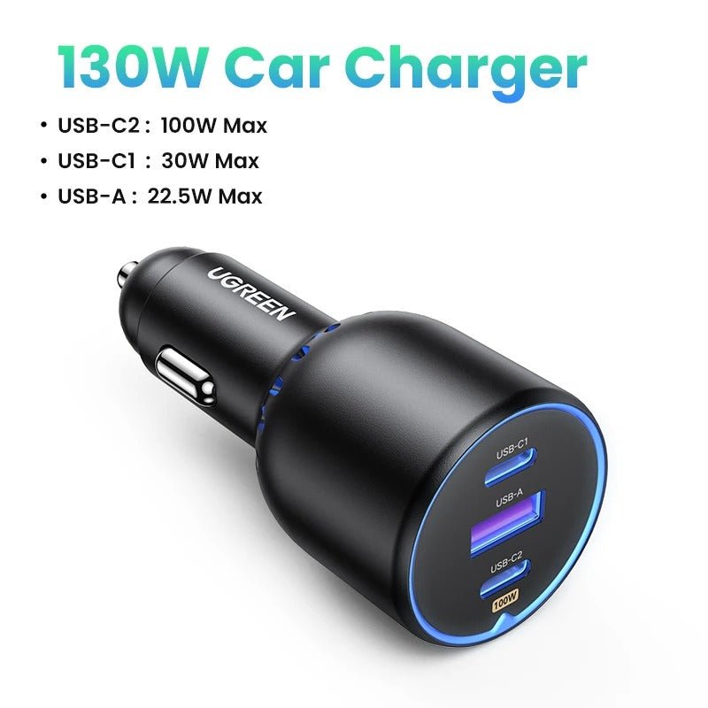 UGREEN 130W USB-C Car Charger CD293 – 3-Port Fast Charging Adapter with 100W USB-C PD, for iPhone, MacBook, Samsung Galaxy, Xiaomi, Laptops & Tablets